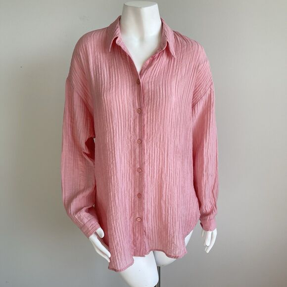 Zara Pink Coquette Button Down Shirt Twisted Cut Out Back Oversized Size Medium - Picture 2 of 12